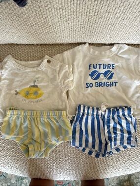 Cat & Jack White Tee and Blue/Yellow Striped Shorts Matching Setsi